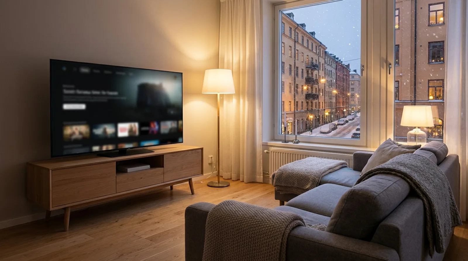 Vardagsrum med smart-tv som visar en streamingapp